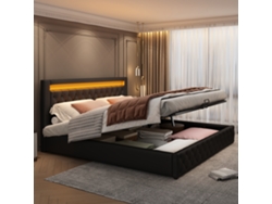 Cama Tapizada De 180x200 Cm Con Espacio De Almacenamiento, Somier De Láminas E Iluminación Led Multicolor, En Poliuretano Negro.