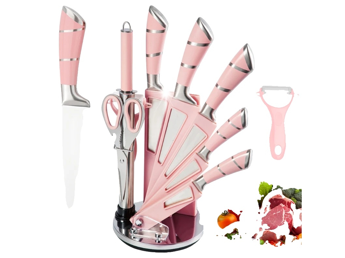 Juego de cuchillos de cocina, acero inoxidable con alto contenido de carbono, mango ergonómico, color rosa OEM