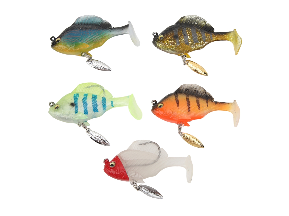 Mali 5 piezas de señuelos blandos para pesca de lubina 18g 8cm con cola de pala y spinner, kit de cebo artificial realista