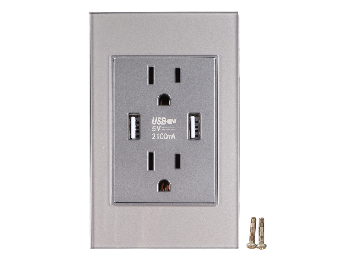 Enchufe De Pared Serie 118 Con Usb 2.1a, Panel De Vidrio Templado, Gris, Estándar Americano Para El Mercado Taiwanés.