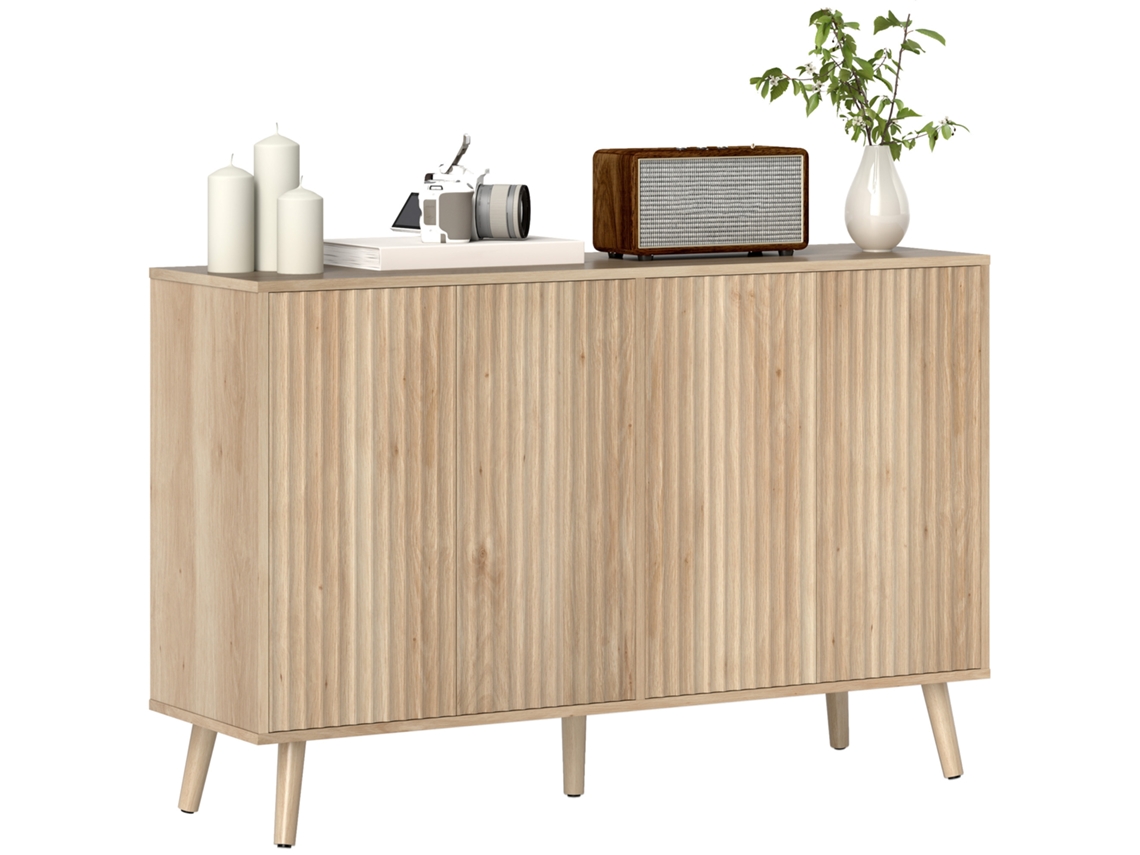 Aparador De Salón, Mueble De Almacenamiento Con 4 Puertas Estriadas De Apertura Por Presión, 120 X 35 X 77,5 Cm, Roble.