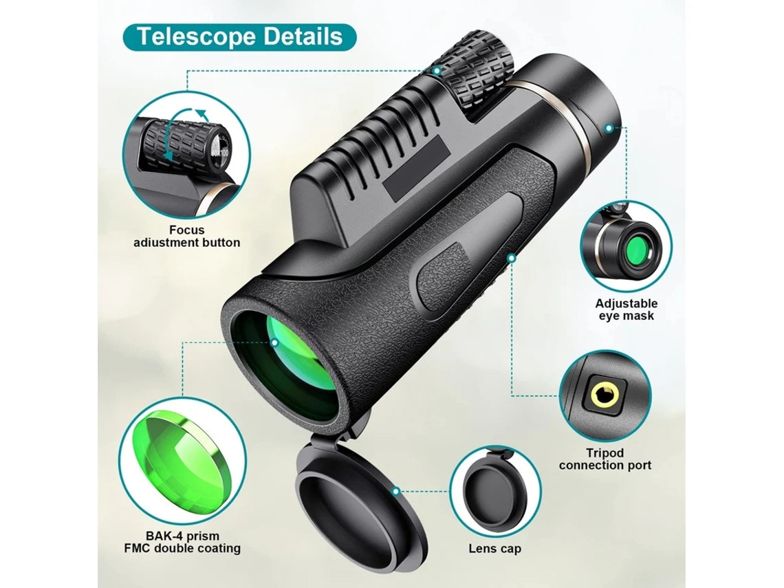 Telescopio monocular con adaptador para smartphone y trípode metálico. Prisma Bak4. Campo de visión despejado. Yizhood.