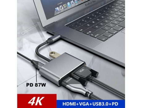 Adaptador de audio y video 4 en 1 Convertidor USB tipo C a HDMI 4K con interfaz HDMI + VGA + PD + USB3.0 Cargador rápido Gris plateado