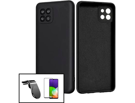 Kit Protector de Cristal Templado 5D Full Cover, Funda Silicona Liquida y Soporte Magnético L Safe Driving Coche Samsung Galaxy M22 PHONECARE Negro