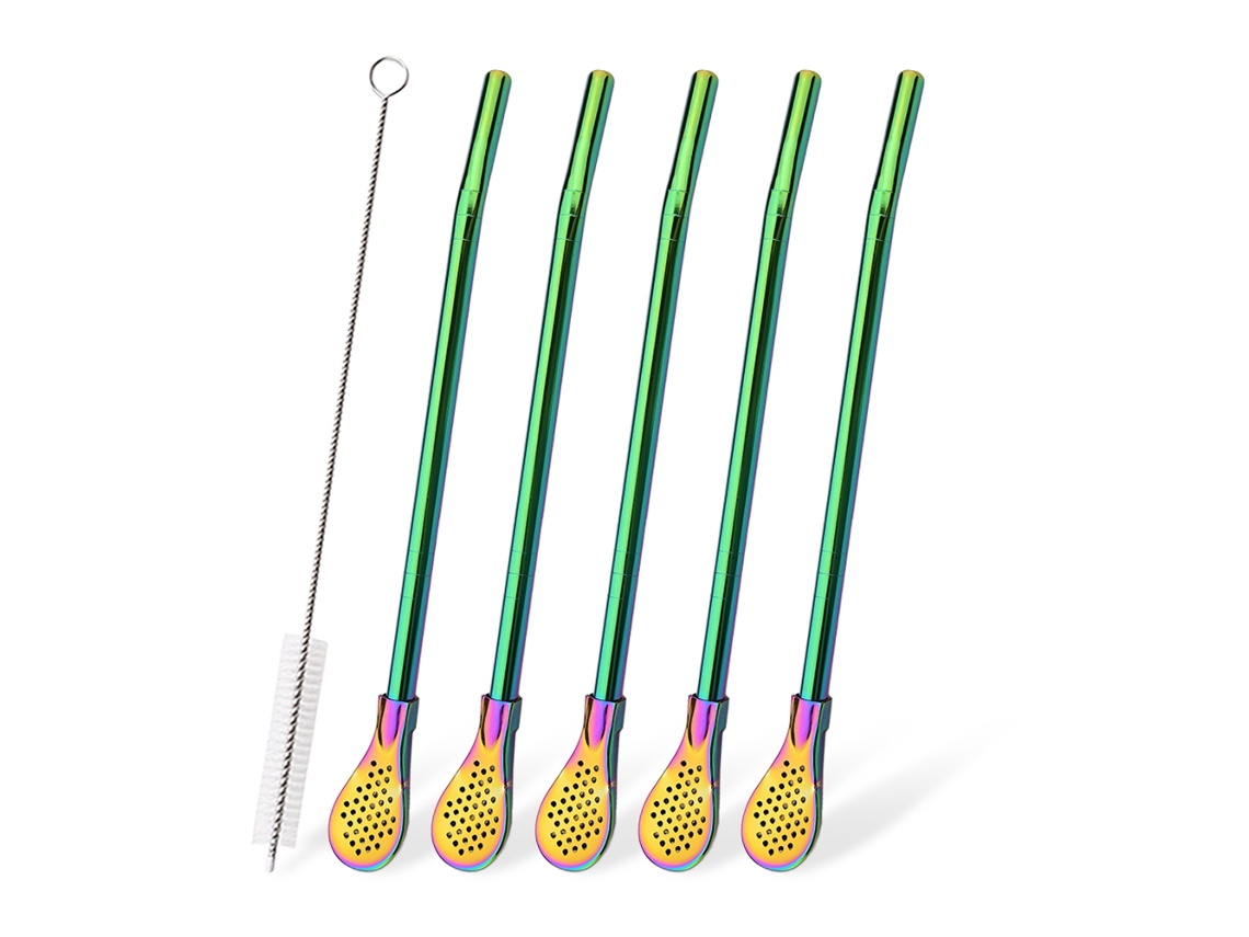 Juego de 5 bombillas de acero inoxidable para yerba mate, con infusor de hojas sueltas, cuchara y cepillo de limpieza, colores arcoíris Aeuzwr