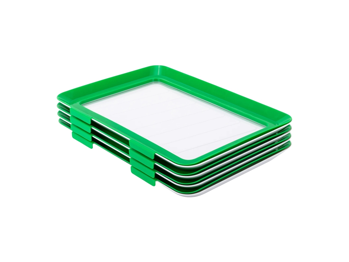 Bandeja para conservar alimentos al vacío, diseño apilable, material ecológico, verde.