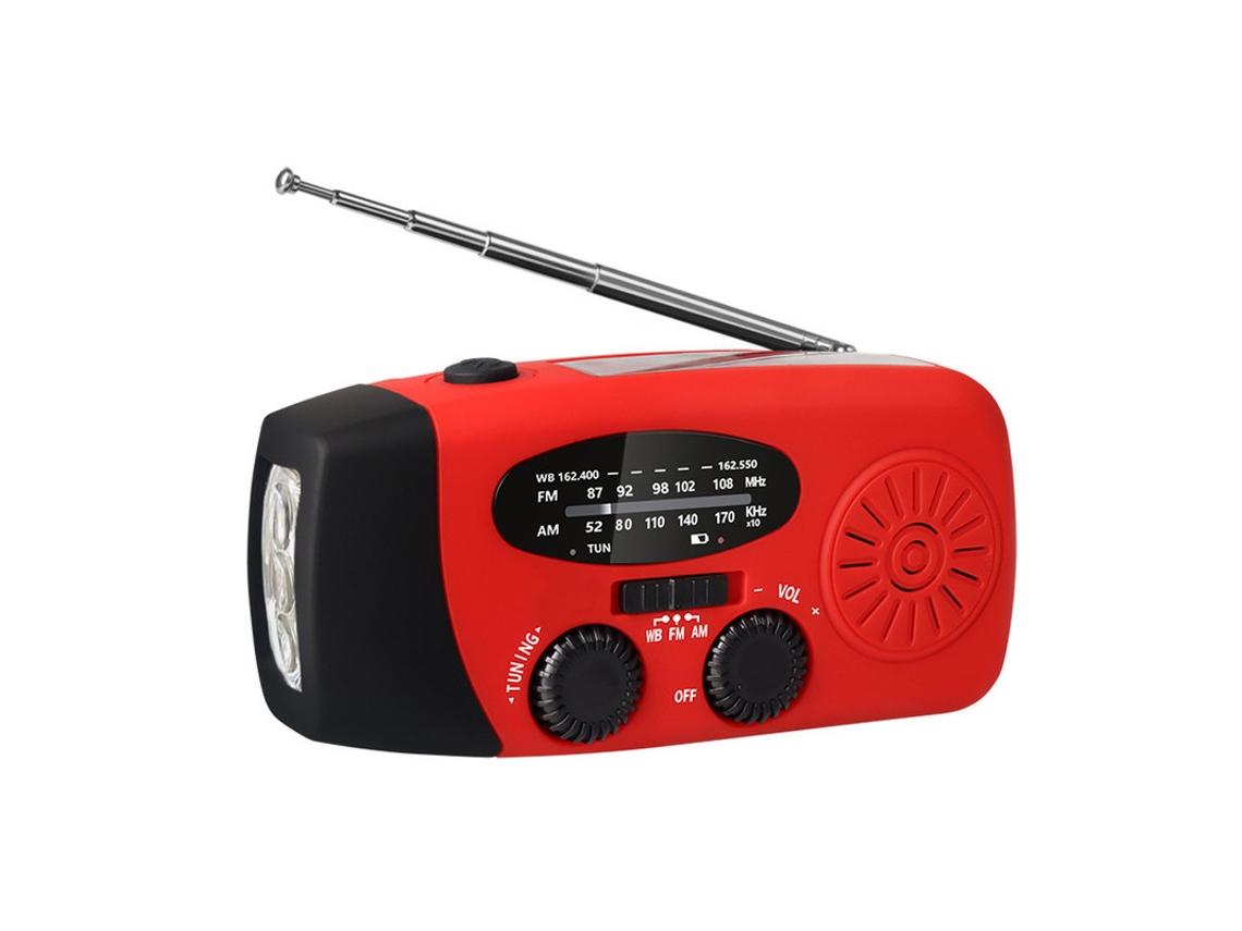 Radio solar portátil de emergencia de 2000 mAh, resistente al agua, con cargador de batería y luz roja superbrillante.