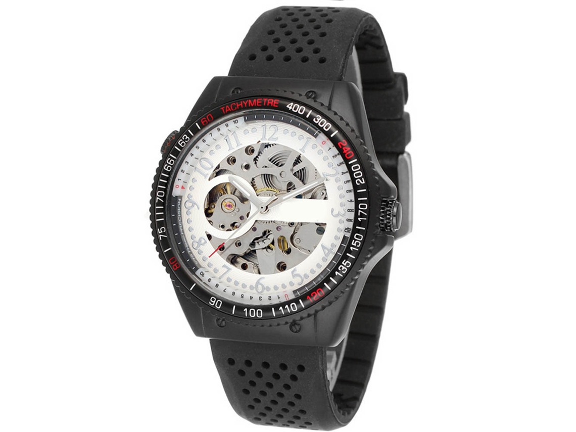 Reloj De Pulsera Mecánico De Cuarzo (correa Negra, Caja Negra, Esfera Blanca, Agujas Plateadas)