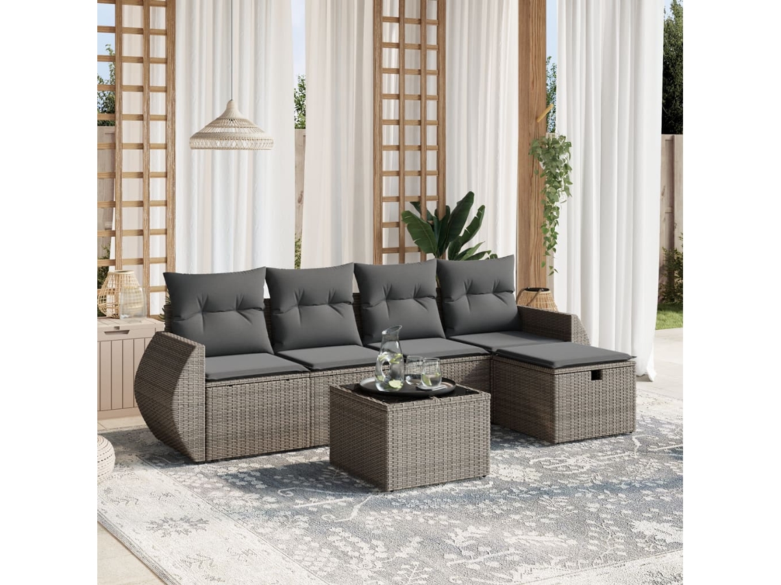 Conjunto de sofá de jardín de 6 piezas con cojines de mimbre gris, Dkd Home Decor