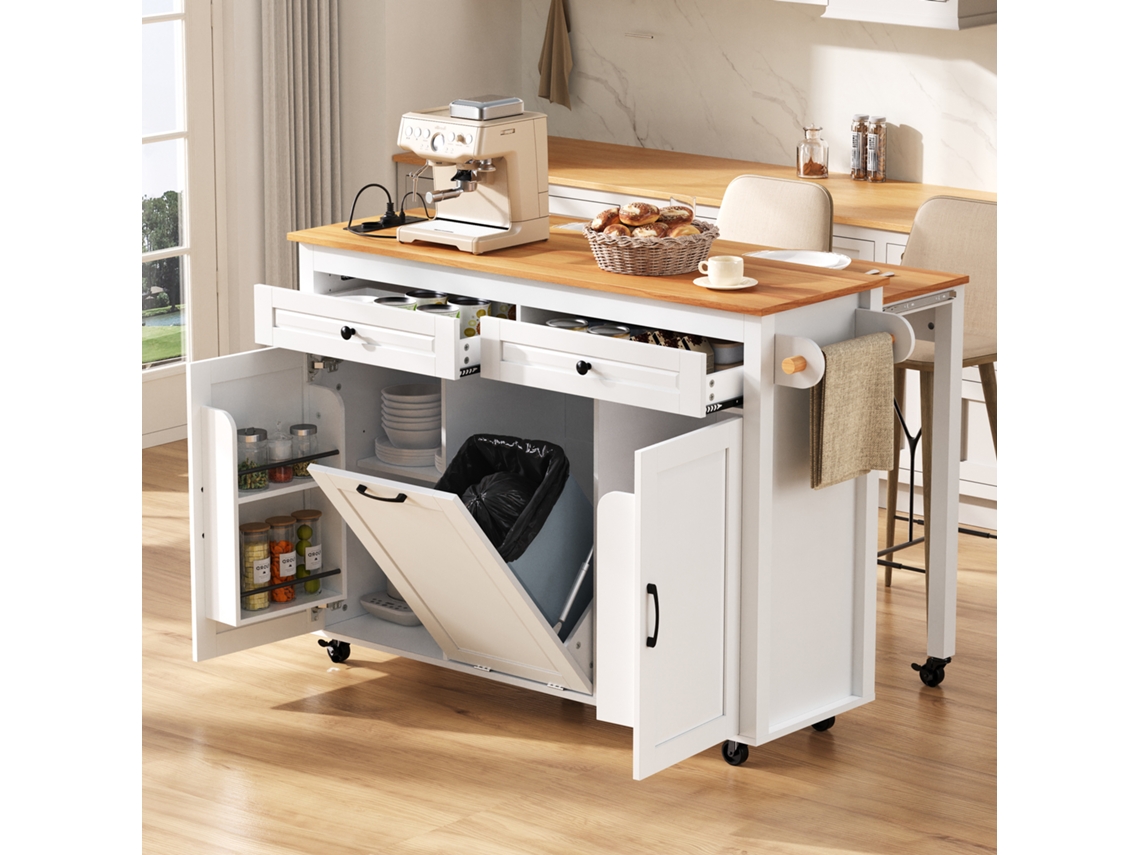 Isla de cocina con ruedas, isla de cocina extensible para comedor con encimera y compartimento para portarrollos de papel higiénico Zkaka