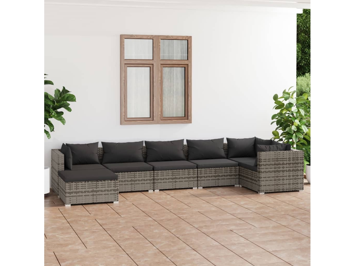 Conjunto de jardín DKD Home Decor de 7 piezas con cojines de mimbre gris