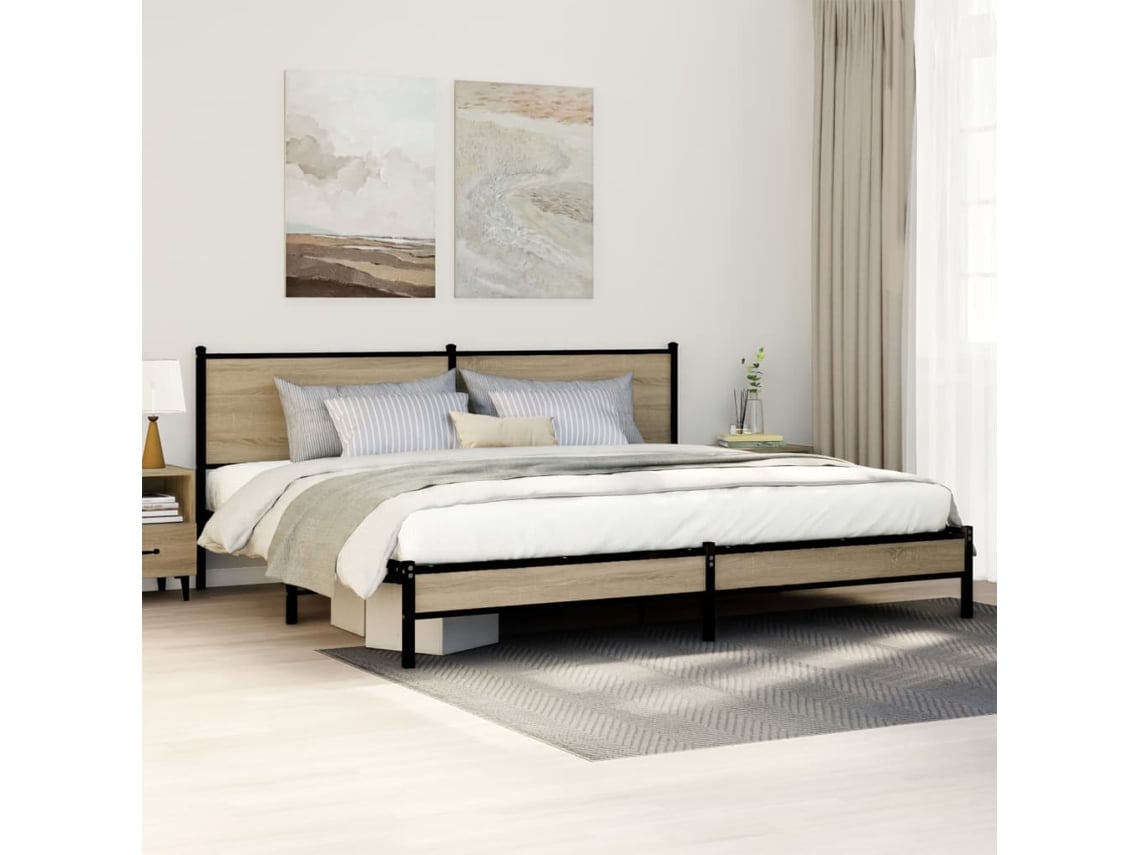 Estructura De Cama Sin Colchón Metal Roble Sonoma 193x203 Cm