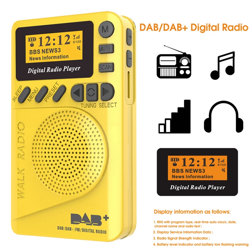 (amarillo) Mini Bolsillo Dab Radio Digital Fm-mp3 Player Con Pantalla Lcd, Soporte Tf Card, Función De Temporización Del Sueño