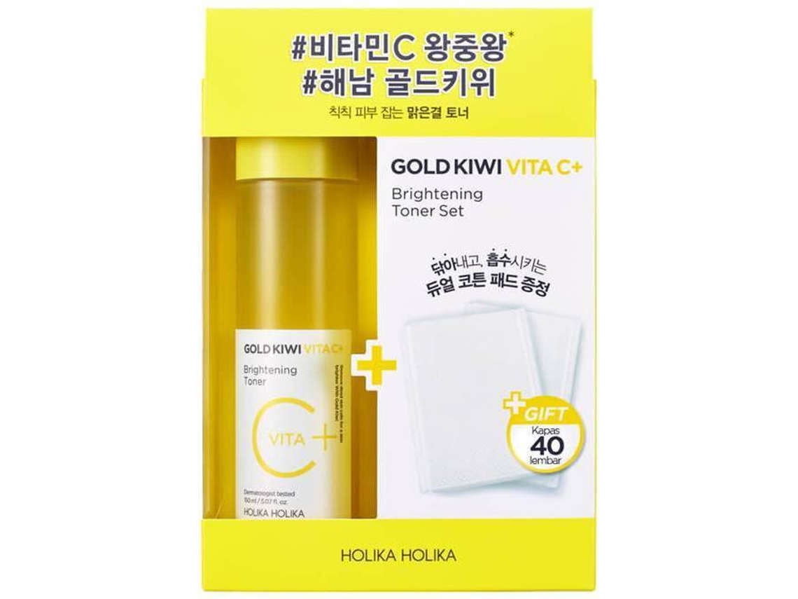 Conjunto HOLIKA HOLIKA Tónico Iluminador Gold Kiwi Vita C Plus Brightening Toner (150 ml) + 40 discos de algodón