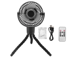 Ventilador portátil con luz LED y mando a distancia recargable.