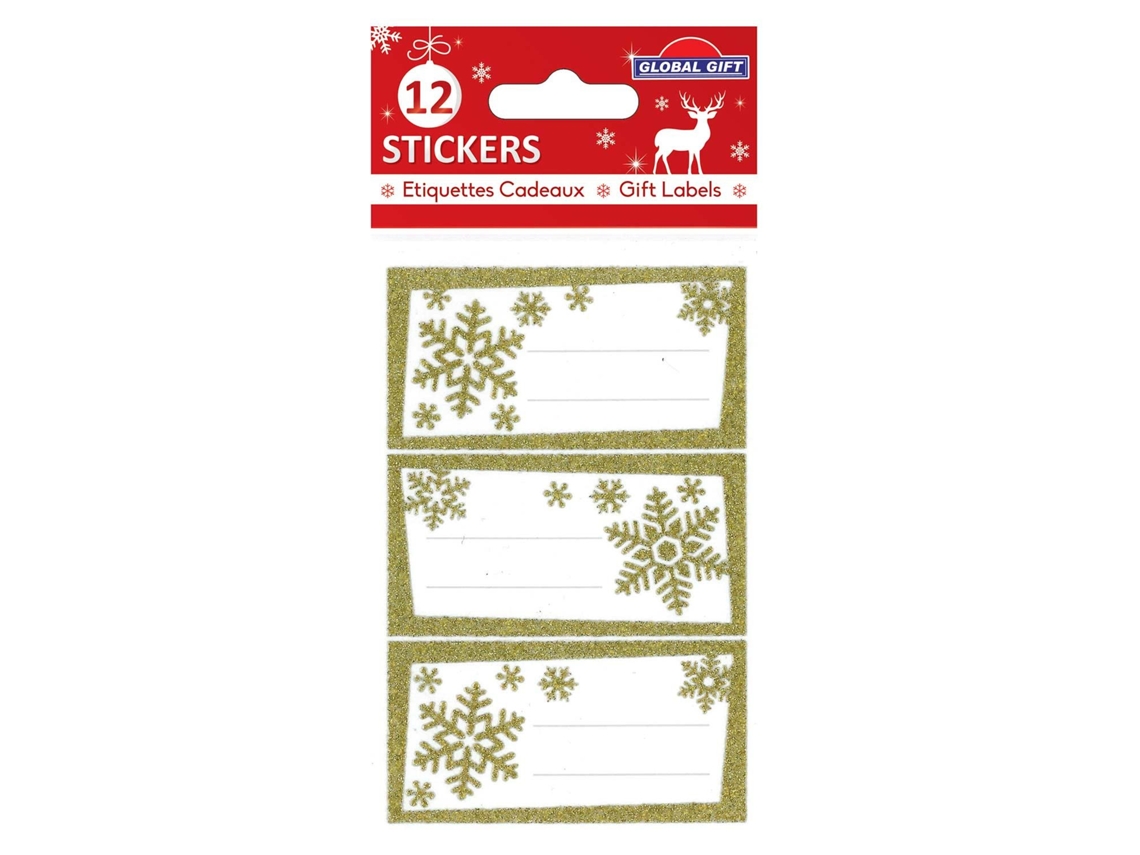 12 Pegatinas GLOBAL GIFT navideñas de copos de nieve dorados con purpurina