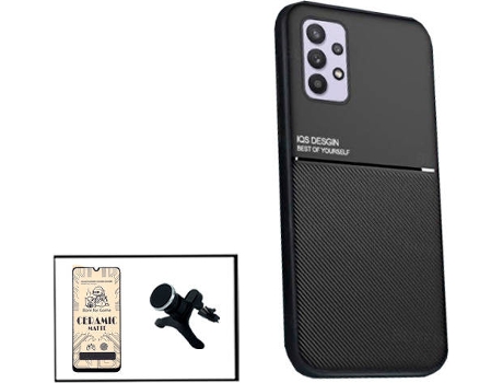 Kit Funda Magnetic Lux, Cristal Templado CeramicGlass Full Cover y Soporte Magnético de Coche Reforzado Samsung Galaxy M32 5G PHONECARE Negro