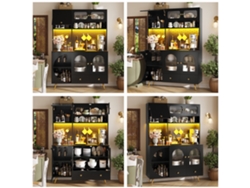 Aparador Alto Led - Armario Cocina Con Usb, Enchufes, Estantes De Vidrio Y Panel Perforado - Negro