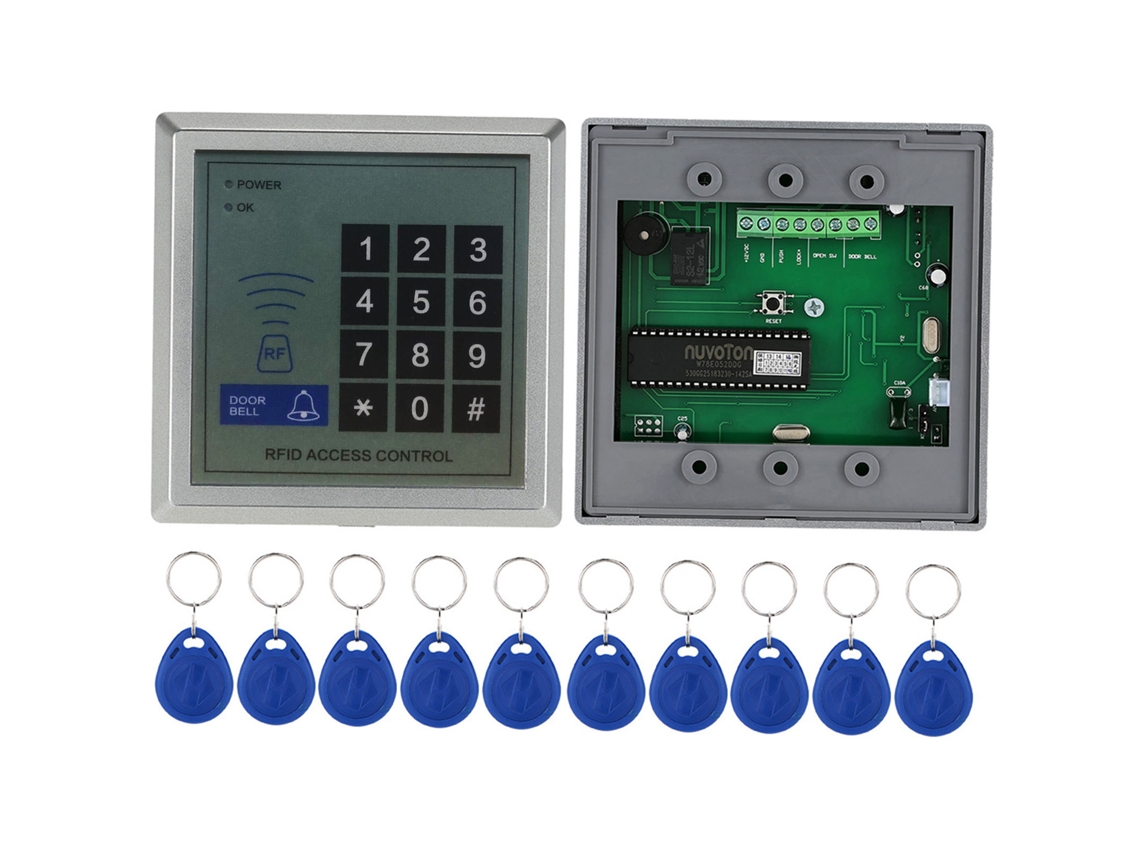 Kit de control de acceso con cerradura magnética (capacidad de 280 kg) y 10 tarjetas RFID.