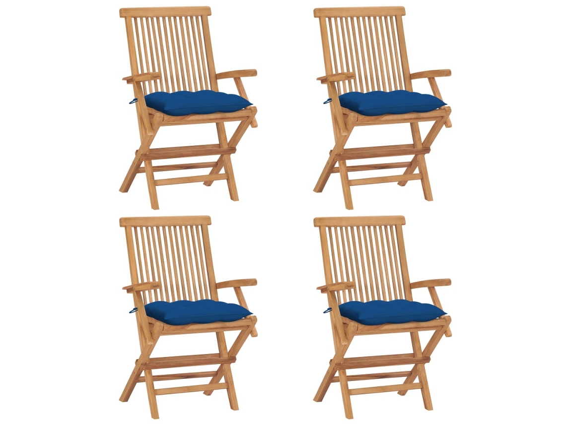 Sillas de jardín DKD Home Decor de 4 piezas con cojines azules en teca maciza