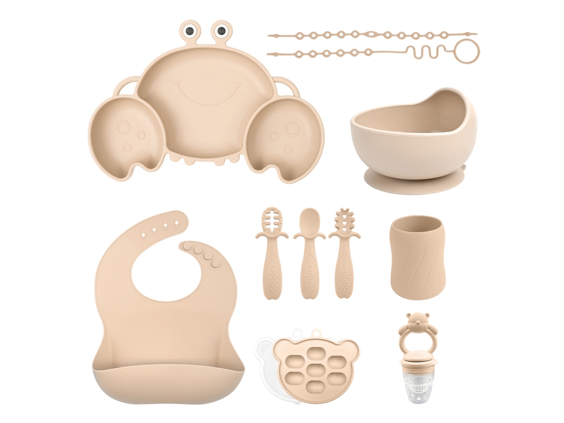 Set De Cubiertos Bebé Chrui 6+ Meses Plato Cangrejo + Vaso Babero 11 Piezas (beige)