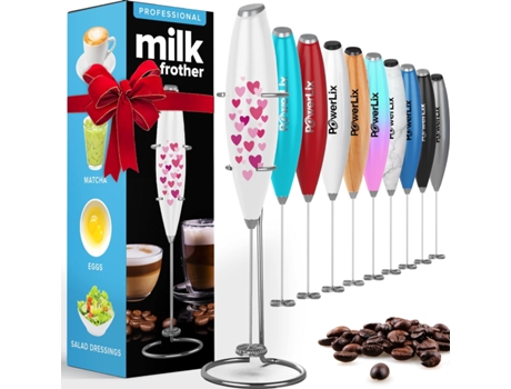 POWERLIX Espumador de Leche Eléctrico de Mano Batidora Leche Espuma Con Soporte de Acero Inoxidable 15-20S Potente 19000 Rpm Batidor para Café