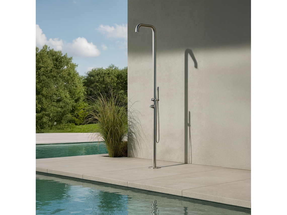 Ducha exterior en acero inoxidable 316 acabado satinado, con desviador superior e inferior, mezclador de agua fría/caliente y ducha flexible antical MPC MX1013 Inox