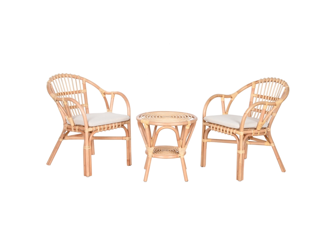 Set 3 Mesa Ratán Y 2 Sillones Con Cojin 50x50x50cm