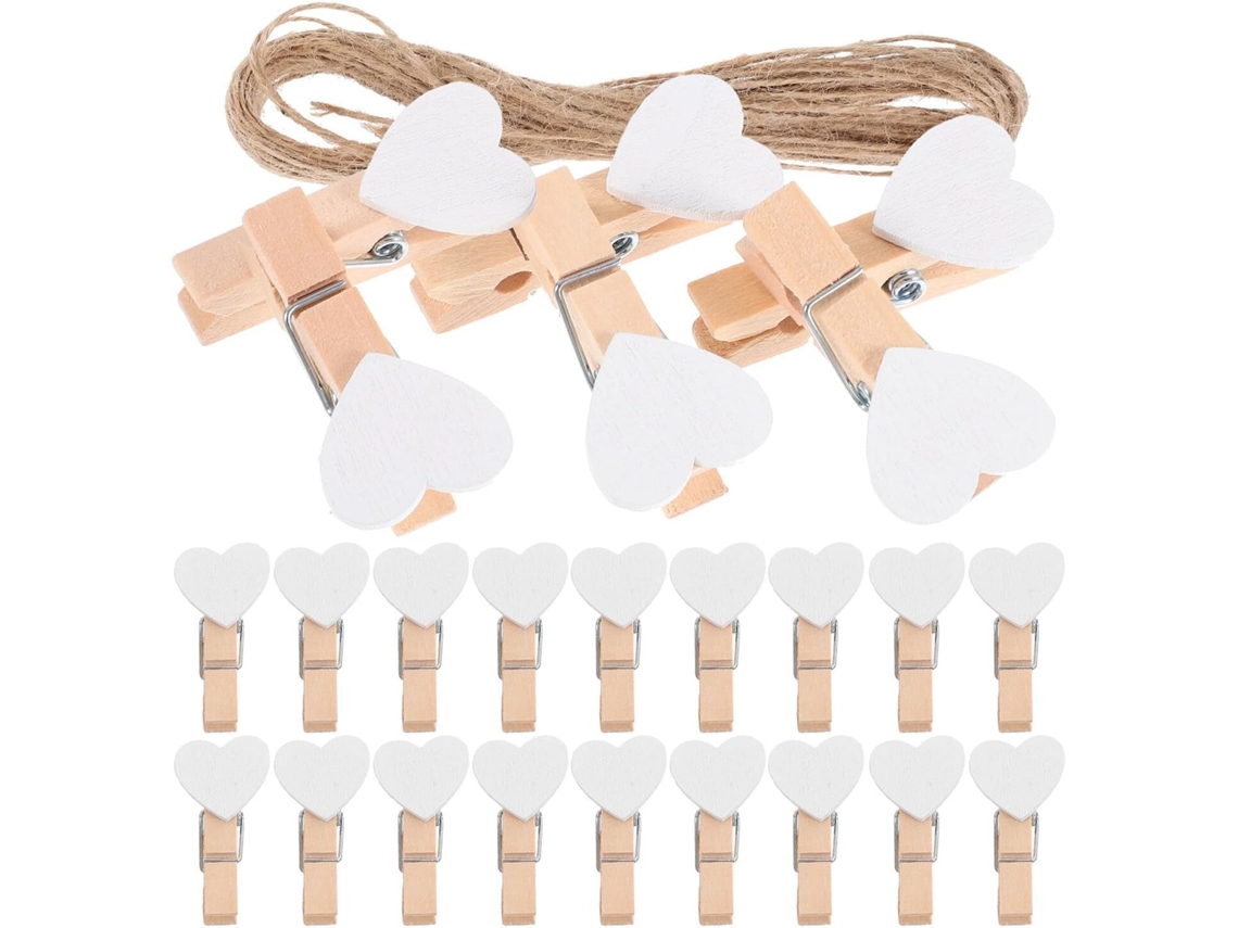 Juego 100 Pinzas Blancas Forma Corazón 3 Cuerda 10 Colgar Fotos Ideal Decoración Paredes Portanotas