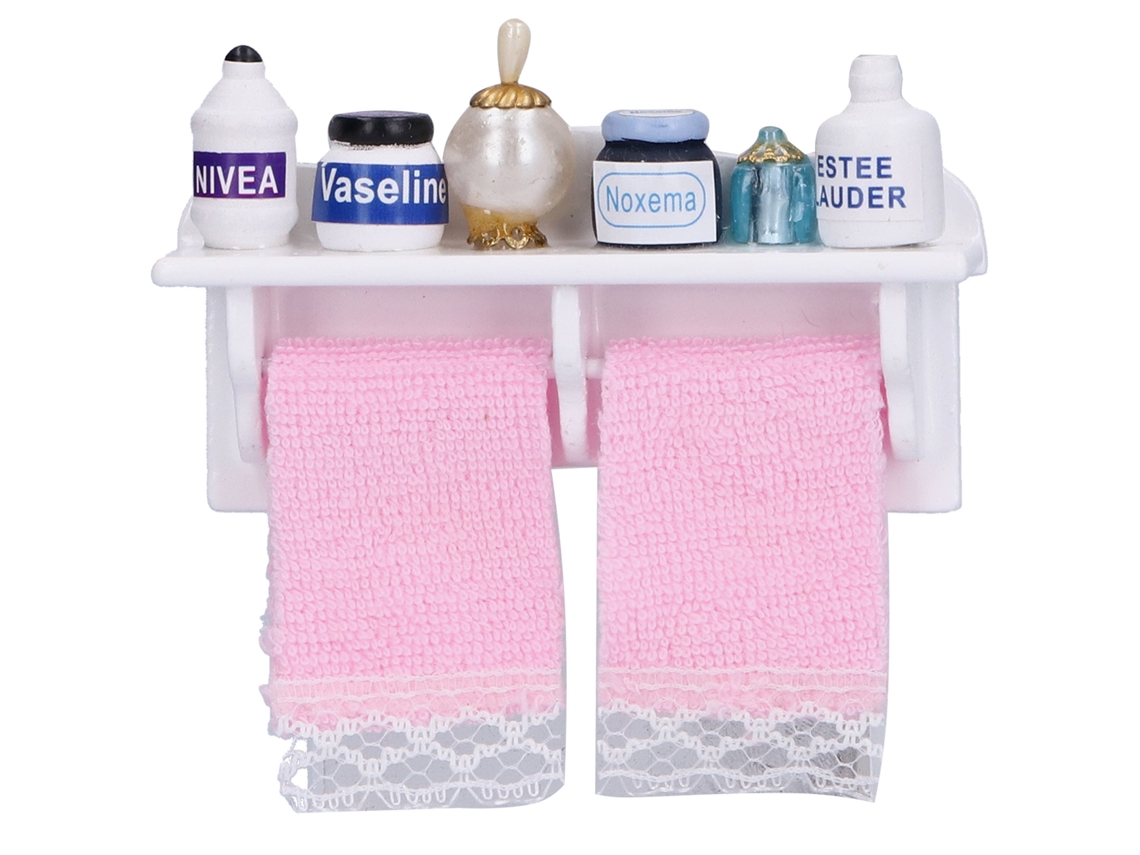 Accesorios de baño para casa de muñecas: Toallero de madera en miniatura a escala 1:12, botellas decorativas.
