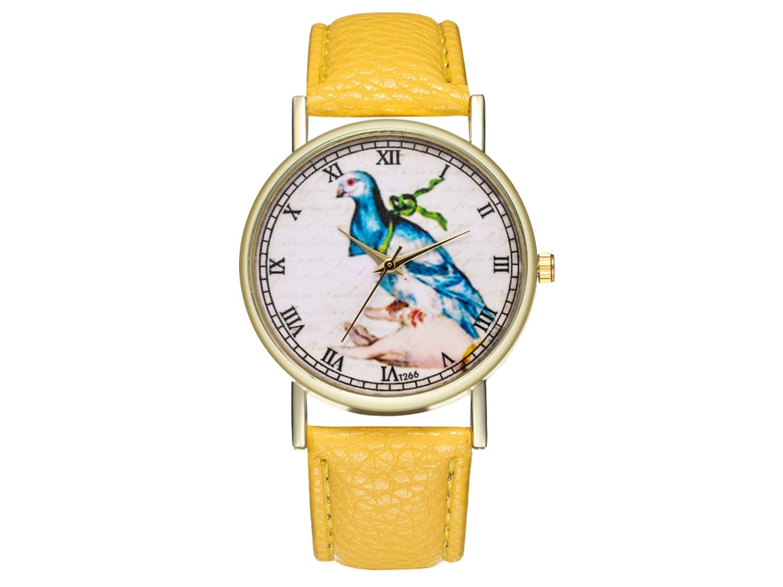 Reloj De Cuarzo Para Mujer Con Correa De Cuero Y Diseño De Ave Clásico (amarillo)