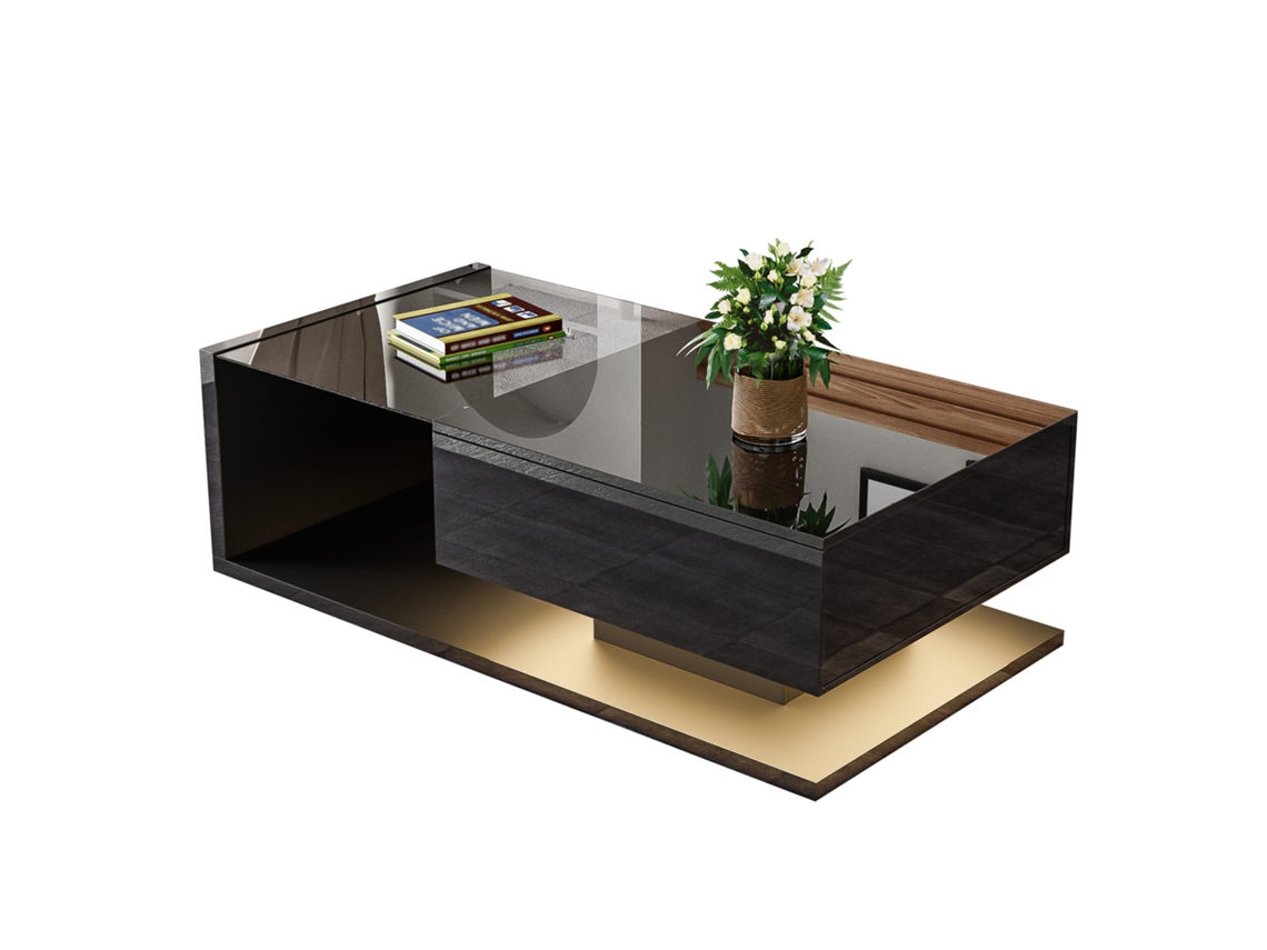 Mesa de centro en negro brillante. Mesas auxiliares y de centro con tablero de cristal e iluminación LED. Tienda BAGOLY.