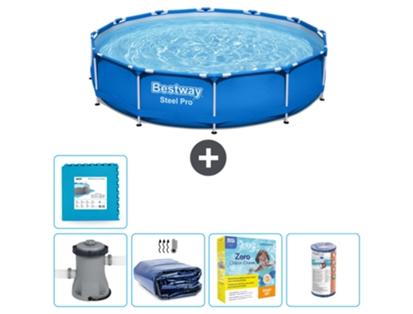 Piscina BESTWAY Round Steel Pro - 366 x 76 cm - Azul - Bomba incluida Vela solar - Paquete de mantenimiento - Filtrar - Baldosas