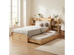 Cama Empotrada 90x200 cm, Almacenaje, Cama Extraíble, Cabecero Tapizado, USB, Diseño Compacto para Niños y Adultos – Madera Natural