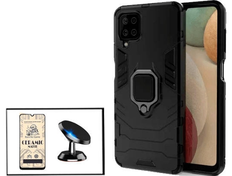 Kit Cristal Templado CeramicGlass Full Cover, Funda 3x1 Miltary Defender y Soporte Magnético de Coche Samsung Galaxy A12 PHONECARE Negro