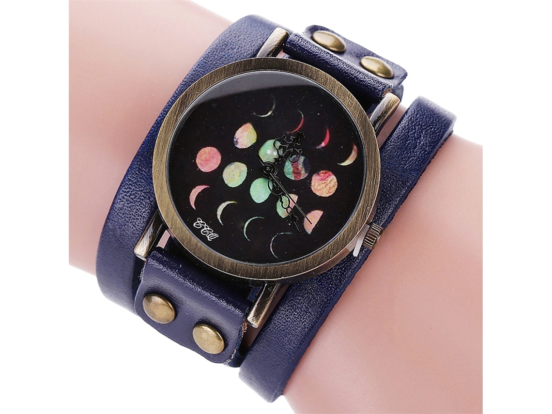 Reloj De Cuero Genuino Para Hombre Y Mujer Caso Bronce Acero Inoxidable Cuarzo Azul