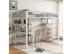 Cama alta, 140*200 cm, cama de hierro, escalera con espacio de almacenaje, múltiples estantes, sin colchón, armario empotrado, escritorio.
