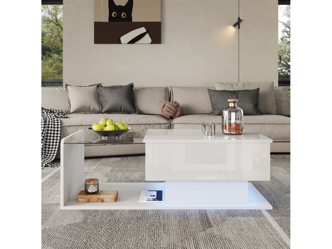 Mesa De Café - Tamaño: 100x50 Cm - Efecto Led, Con Cristal - Blanco