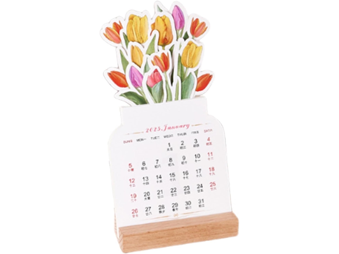 Calendario Con Ramo De Flores, De Escritorio Mensual, De Con Forma De Jarrón, 2025, De De Madera, De