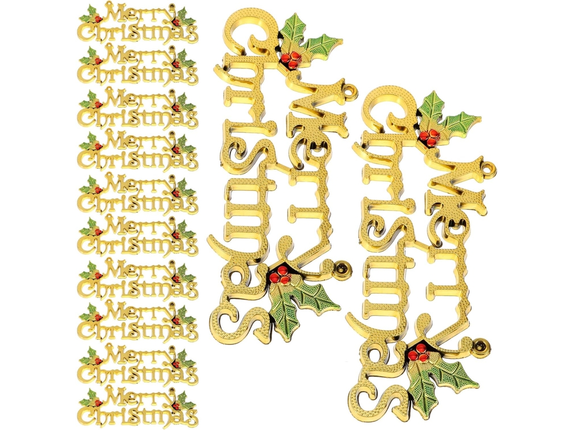 Juego 12 Adornos Navideños Colgantes Puertas Letras Doradas 3d Plástico 15 Letrero Feliz Navidad Decoración