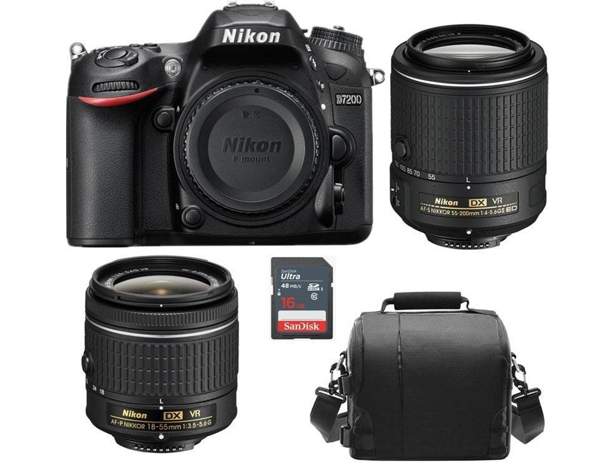 Kit Cámara Réflex NIKON D7200 + AF-P DX 18-55mm + AF-S DX 55-200MM + Bolsa + 16GB SD