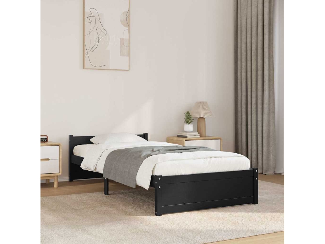 Estructura De Cama Sin Colchón Madera Maciza Negro 90x200 Cm
