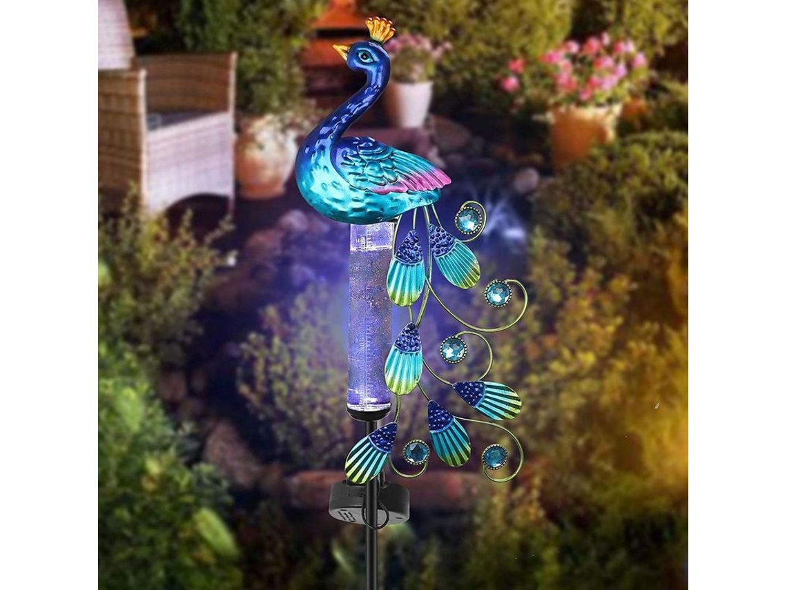 Medidor de Chuva Solar À Prova D'água, Luz de Jardim Pavão Decorativa com Painel Solar