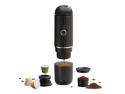 Cafetera espresso portátil, diseño ideal para viajes, funcionamiento en dos modos, color negro.