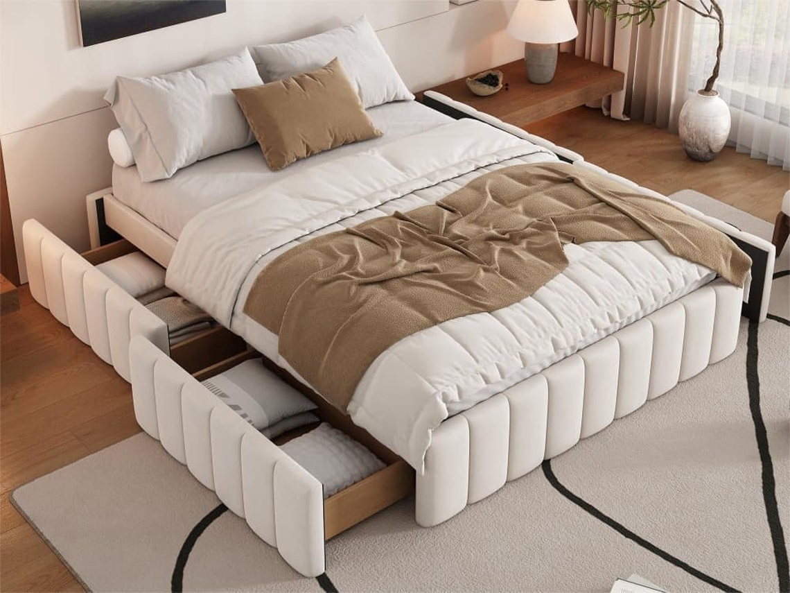 Cama Tapizada 140x200cm En Terciopelo Sin Cabecero - Con Cajones Y Somier - Beige