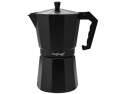 Cafetera de aluminio de estilo italiano con capacidad de 560ml y 12 tazas, que cuenta con un mango ergonómico de color negro.