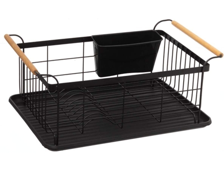 Escurridor de Platos con Soporte para Cubiertos Acero con Asas de Madera y Bandeja de Plastico Negro TIENDA EURASIA
