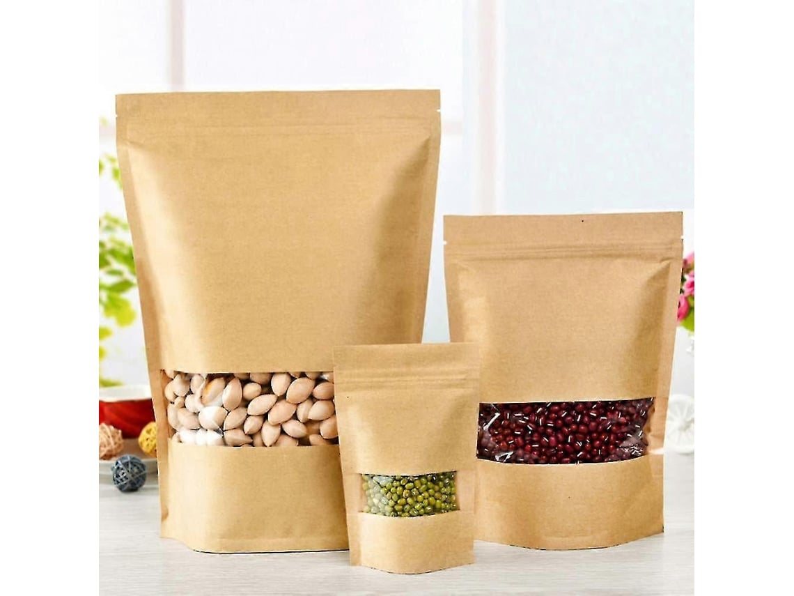 100 Bolsas De Kraft Con Ventana Y Cremallera Resealable Para Almacenamiento De Alimentos Grandes Pouch Stand Up 16*26cm