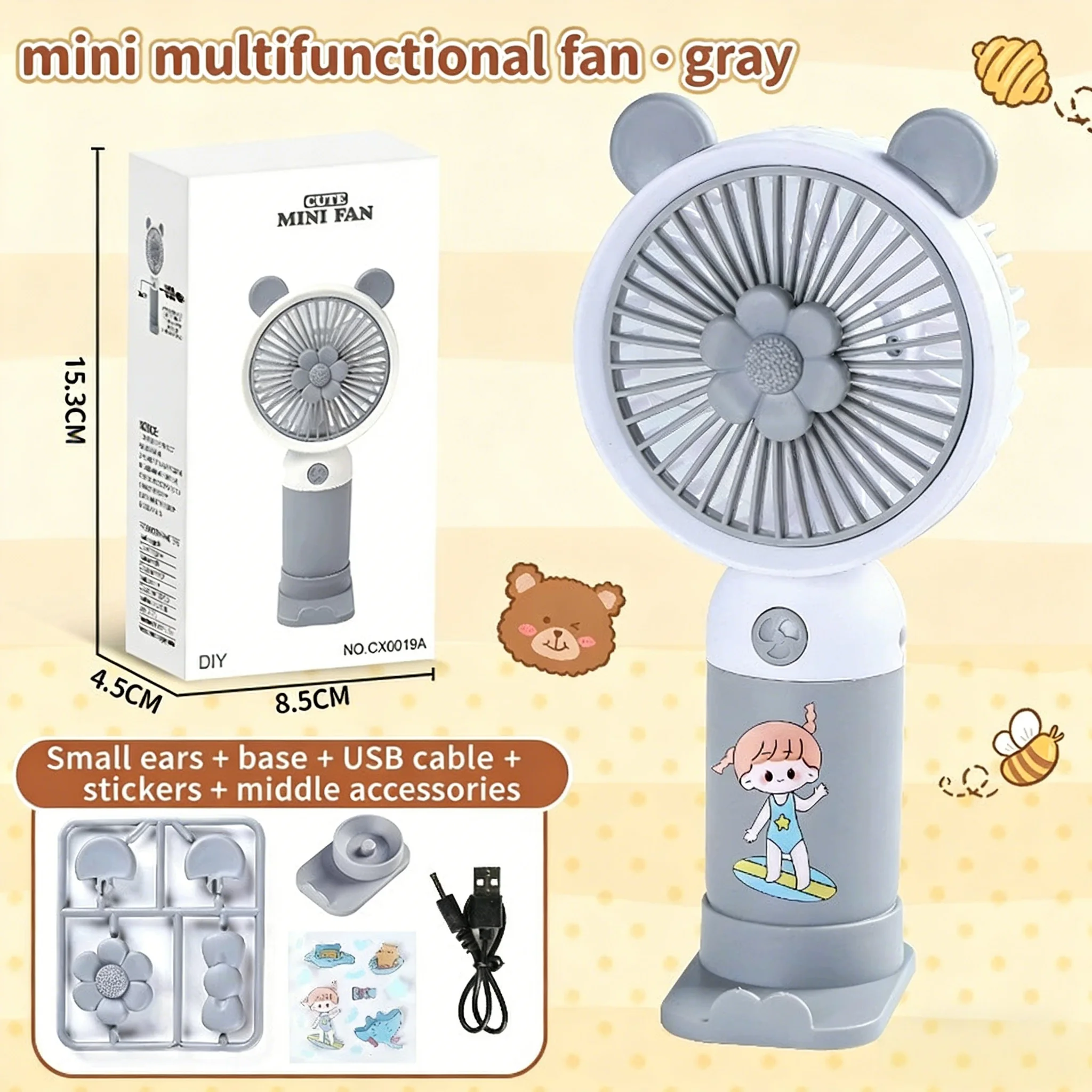 Ventilador Portátil Mini Recargable Por Usb (gris Claro) Con Función De Soporte Para Teléfono.