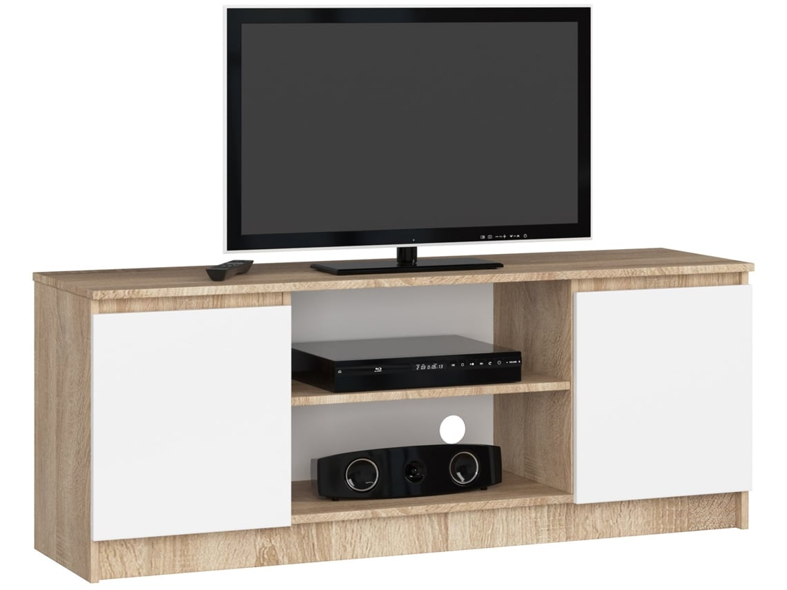 Mueble De Tv Akord Roble Sonoma 140 Cm 2 Puertas Frente En Color Blanco 2 Estantes 140x40x55 Cm